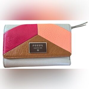 FOSSIL Cowhide Leather Trifold Color-block Wallet- Grey, Hot Pink, Peach, Brown